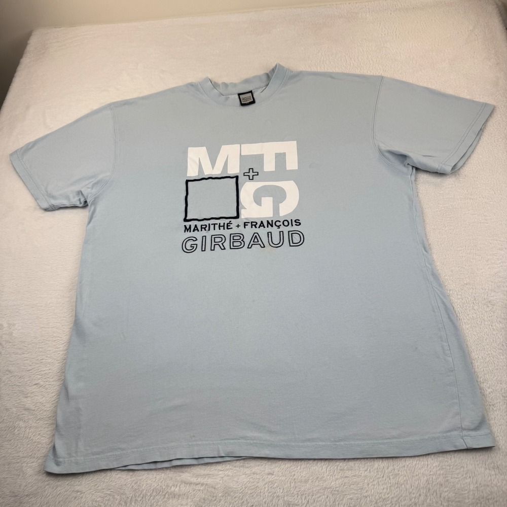 Marithe Francois Girbaud T-Shirt Mens XXL‎ Light Blue Graphic Embroidered MFG